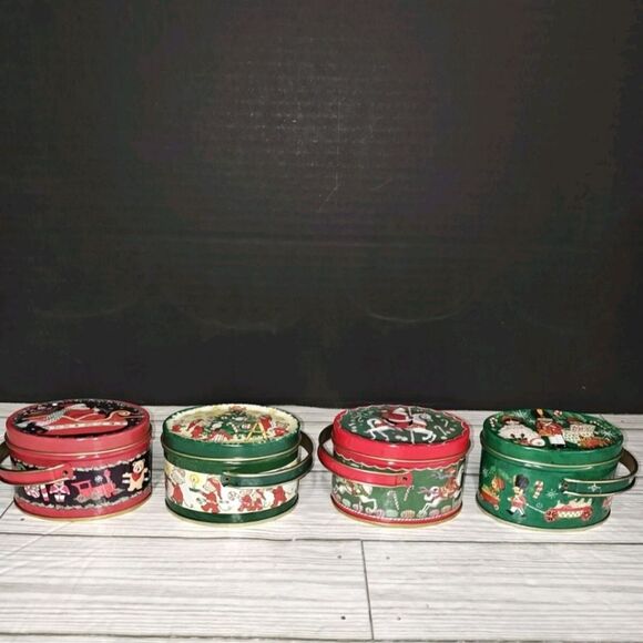 Vintage Keller Charles Philadelphia Mini Christmas Oval Tin Boxes Set Handle - Picture 3 of 9
